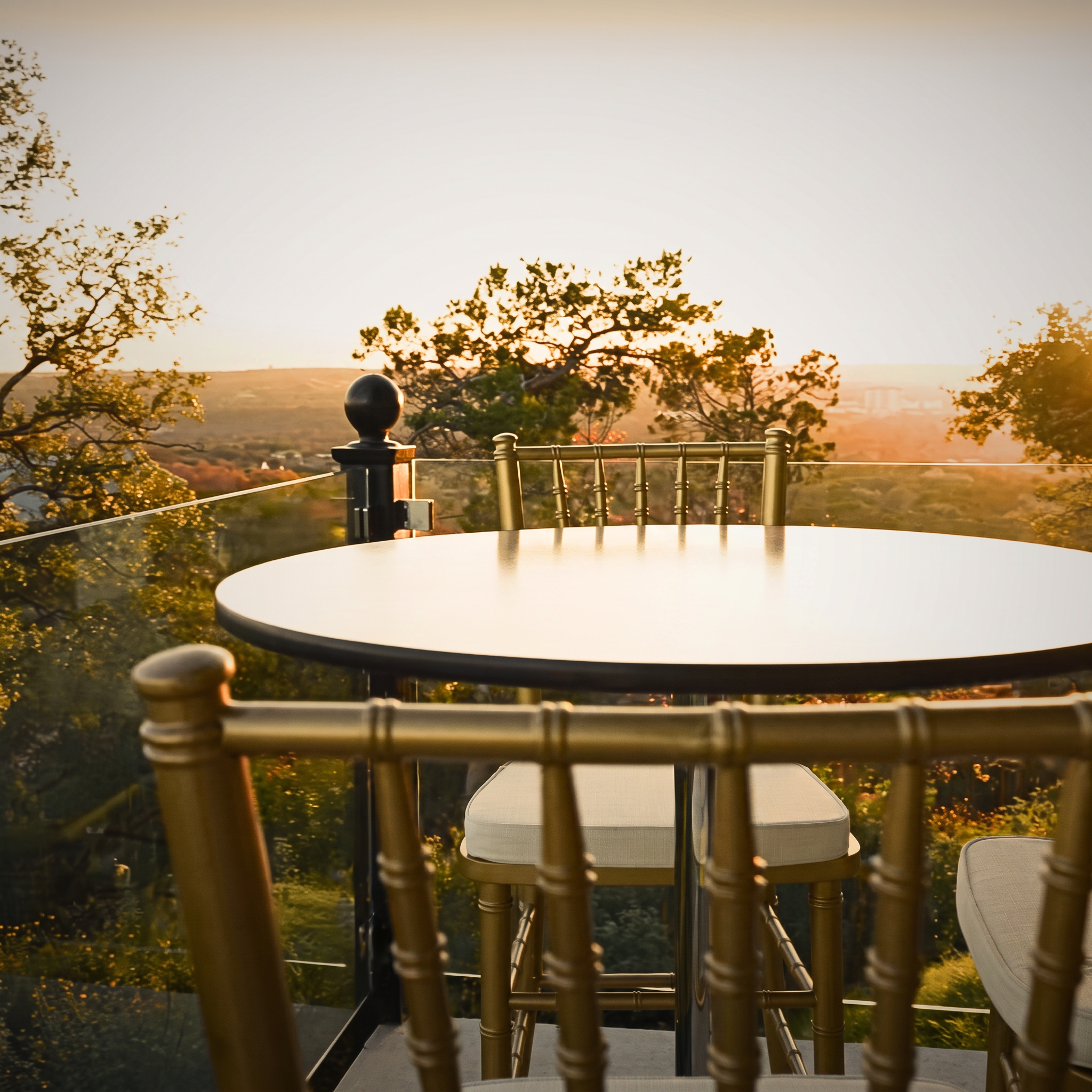 Cocktail table detail on the terrace at sunset.